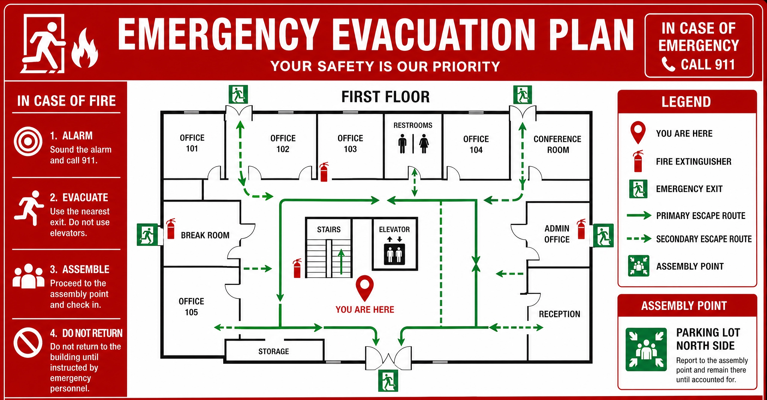 Emergency evacuation plan showing building exit routes and safety instructions